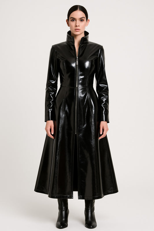 The Matrix 4 Trinity Black Genuine Leather Coat front view with zipper closure