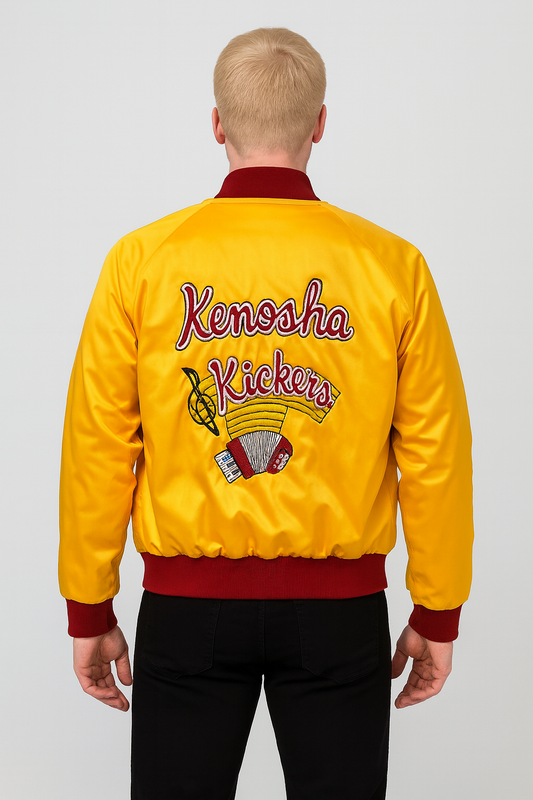 Back view showcasing Kenosha Kickers embroidered logo and musical design.