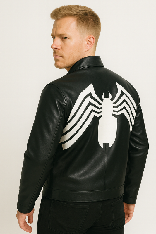 Back view of black leather Venom jacket featuring iconic white spider design