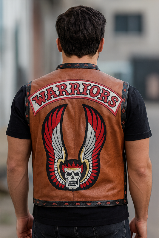 Back of vest featuring WARRIORS text and skull wing emblem, worn by James Remar character