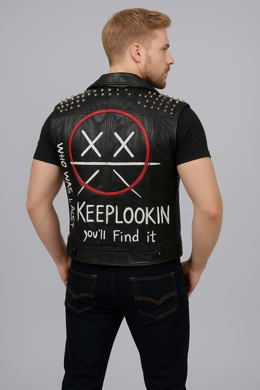 Back view of Watch Dogs Legion Wrench Leather Vest with graffiti artwork and spikes