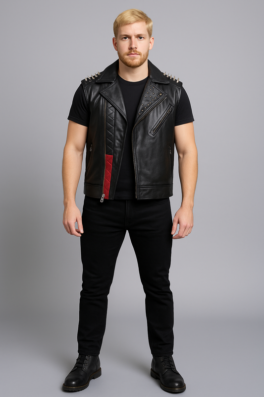 Front view of Watch Dogs Legion Wrench Black Leather Vest with studs and zipper
