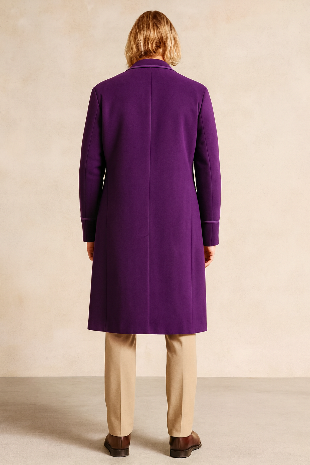 Back view of Gene Wilder Willy Wonka purple suede leather coat in rich purple
