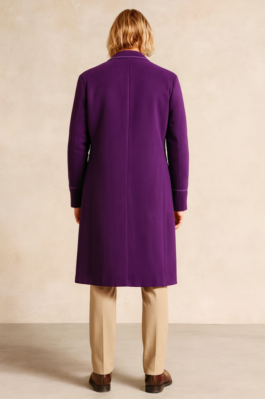 Back view of Gene Wilder Willy Wonka purple suede leather coat in rich purple
