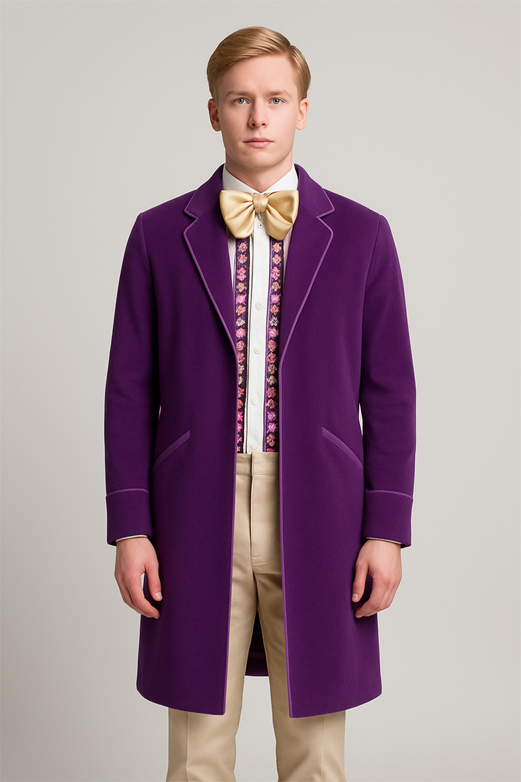 Close-up of Gene Wilder Willy Wonka inspired purple coat details in suede leather